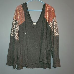 Lovely Melody Long Sleeve Dark Gray sequence leopard print 2x